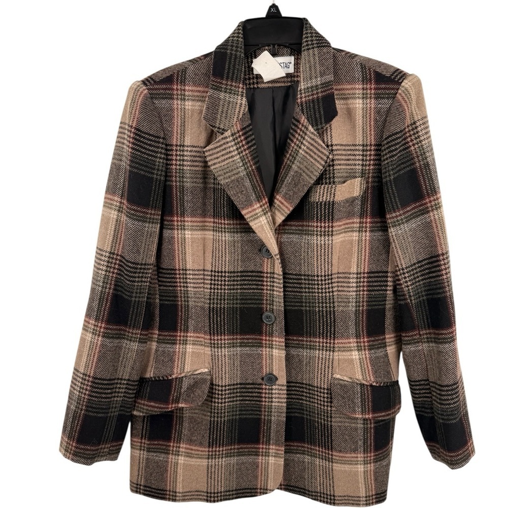 Vintage White Stag Womens Blazer Glen Plaid Neutral Wool Size 10 Office Tailored